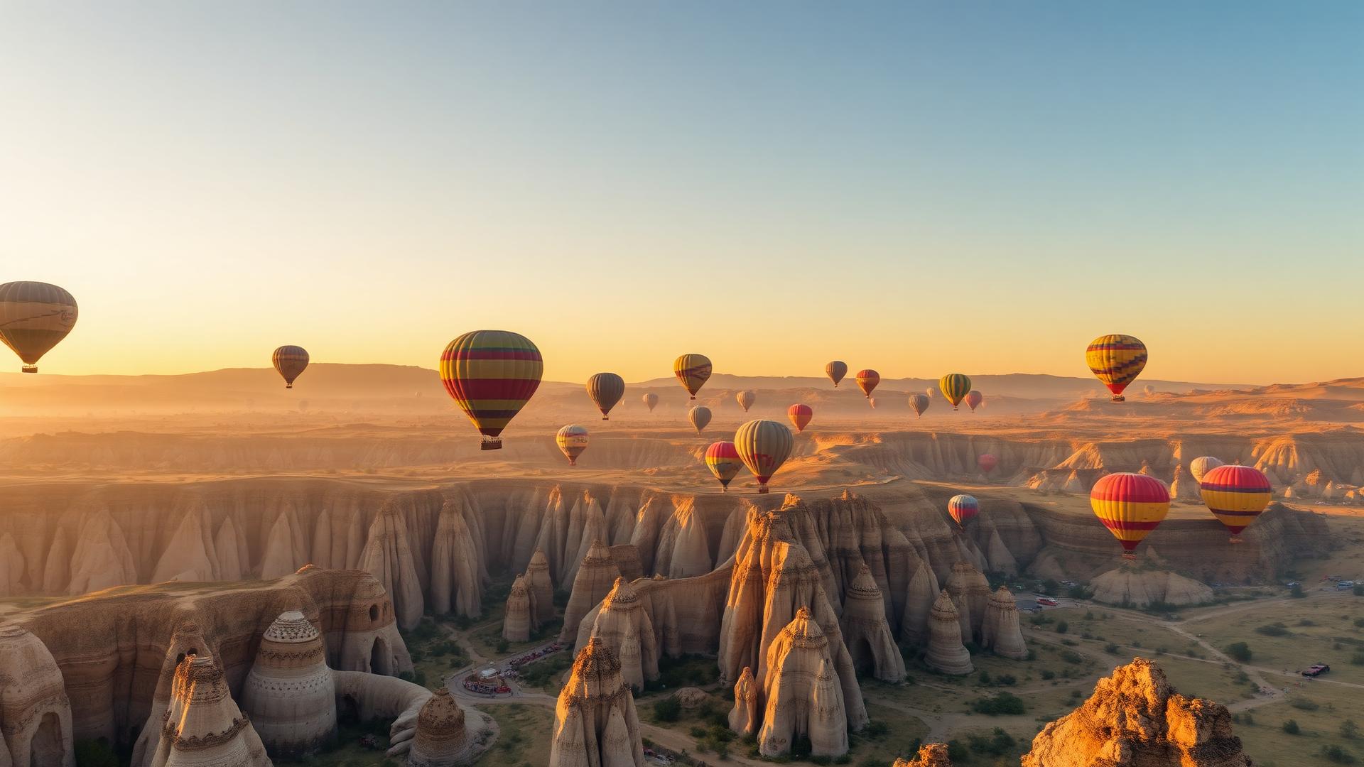 Hot air balloons at sunrise over Cappadocia, Turkey